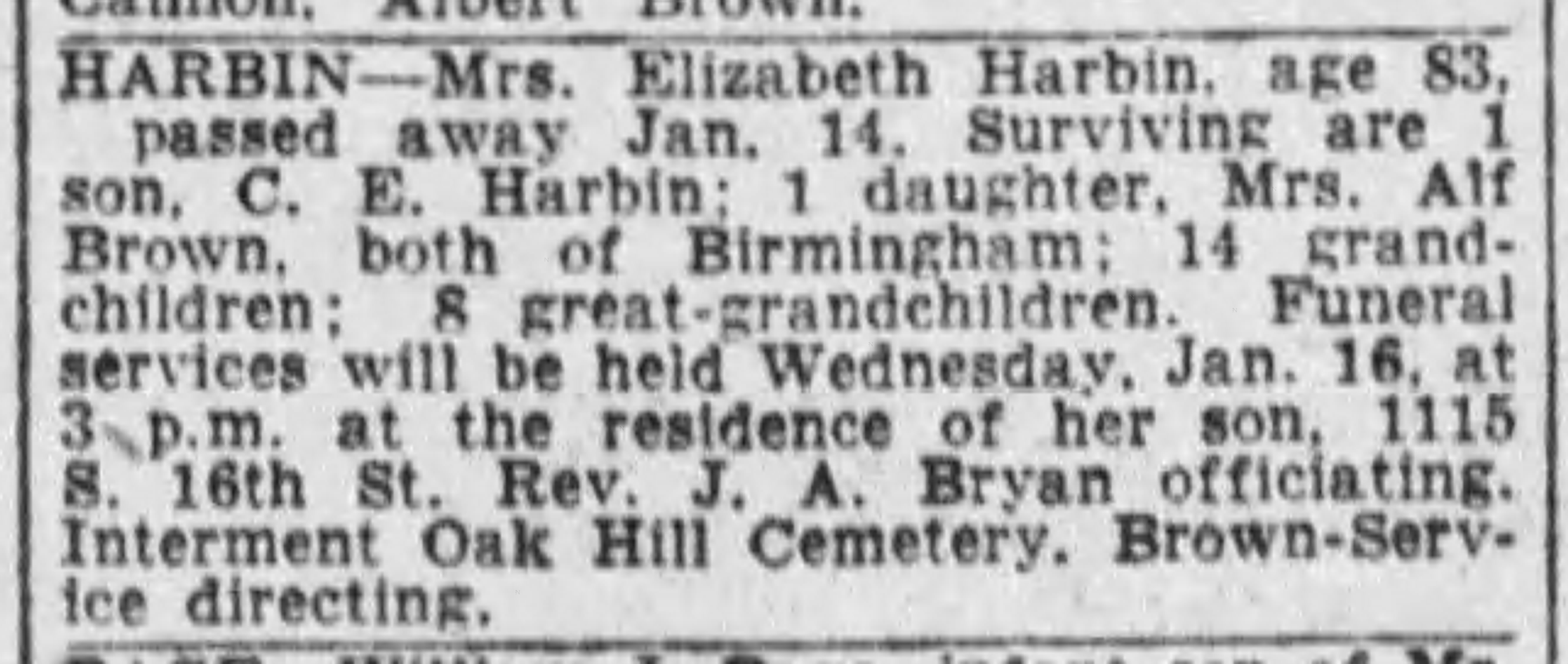 Elizabeth Harbin obituary